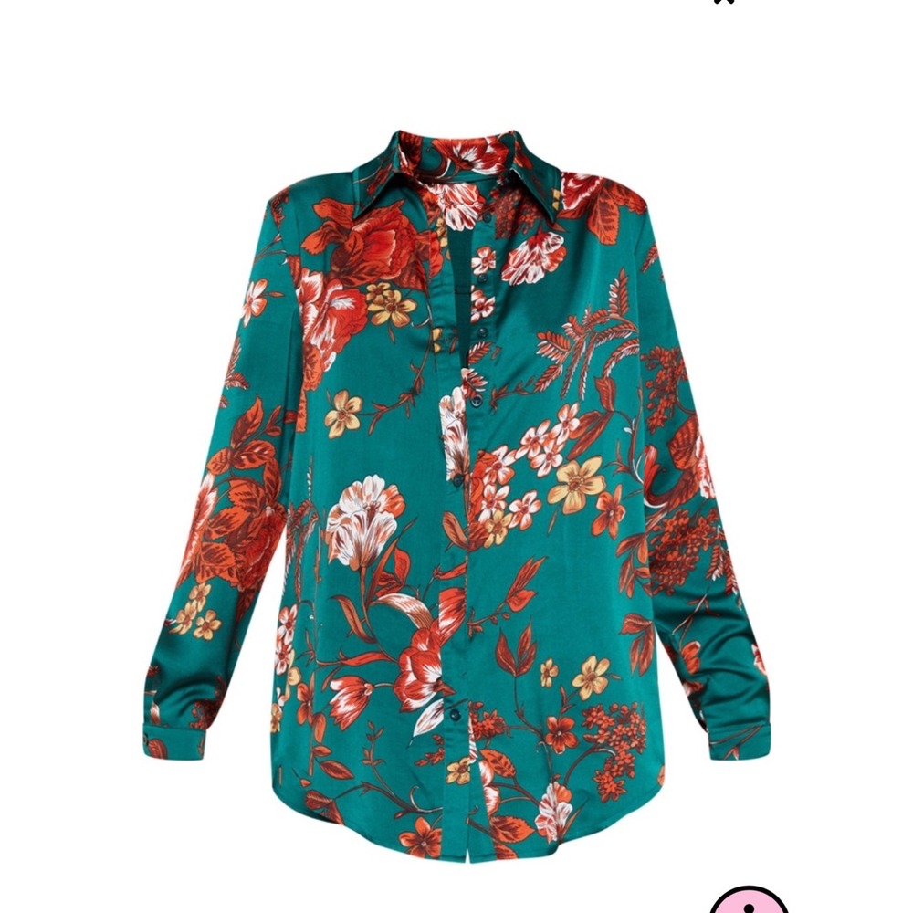 PrettyLittleThing Emerald Green Floral Print Oversized Shirt Blouse Size 10 New